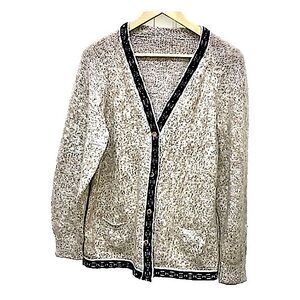Vintage knit Twee cardigan, hand made, beige/brown with black trim, M